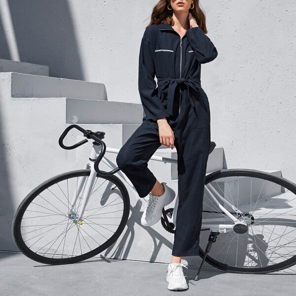 

Zip Front Stand Neck Belted Jumpsuit, Navy blue