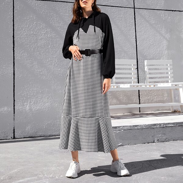 

Ruffle Hem Houndstooth Drawstring Hooded Belted Dress, Black and white