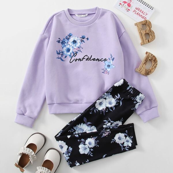 

Girls Floral & Letter Graphic Pullover And Leggings Set, Multicolor