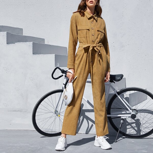 

Corduroy Flap Pocket Self Tie Shirt Jumpsuit, Camel