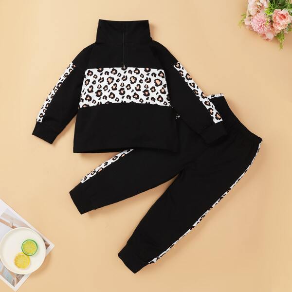 

Toddler Girls Stand Collar Leopard Panel Sweatshirt & Sweatpants, Black