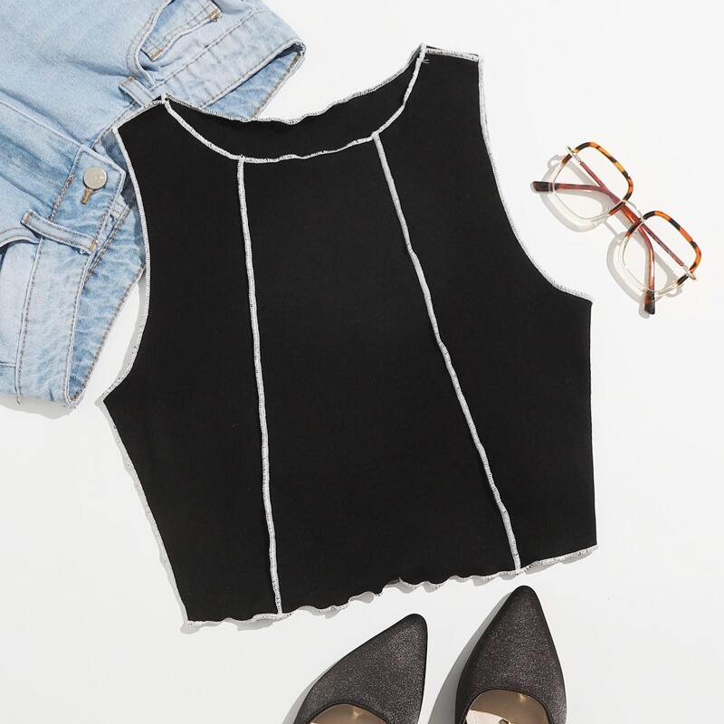 

Contrast Stitch Lettuce Edge Tank Top, Black