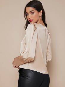 SHEIN Privé Buttoned Cuff Lantern Sleeve Satin Top - Champagne - View 2