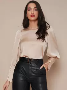 SHEIN Privé Buttoned Cuff Lantern Sleeve Satin Top - Champagne - View 3