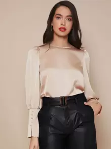 SHEIN Privé Buttoned Cuff Lantern Sleeve Satin Top - Champagne - View 4