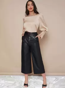 SHEIN Privé Buttoned Cuff Lantern Sleeve Satin Top - Champagne - View 5