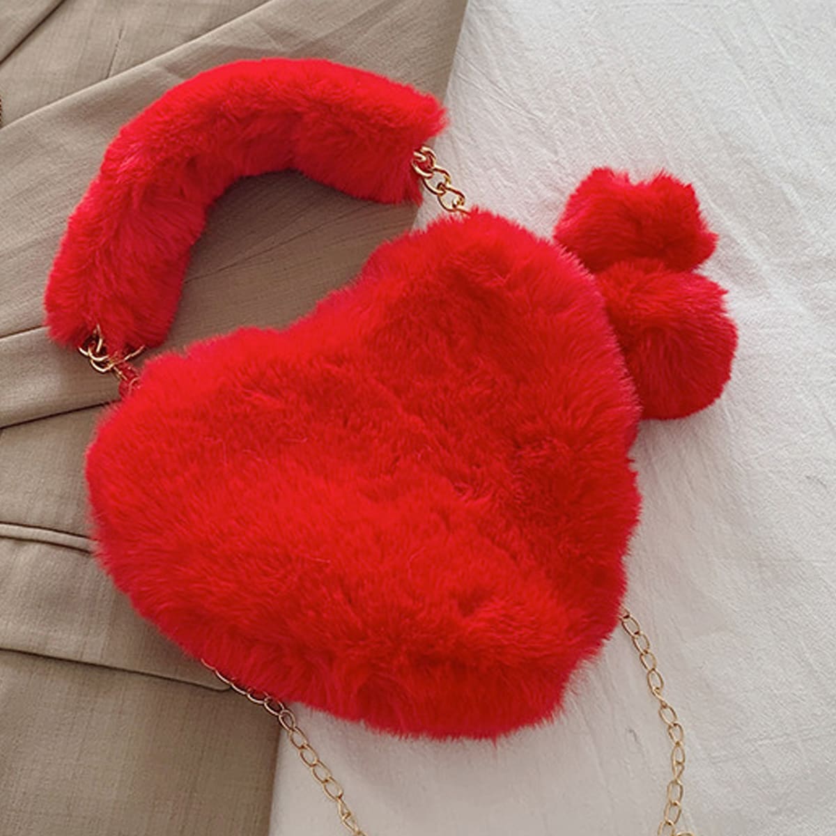 

Faux Fur Fluffy Heart Bag, Red
