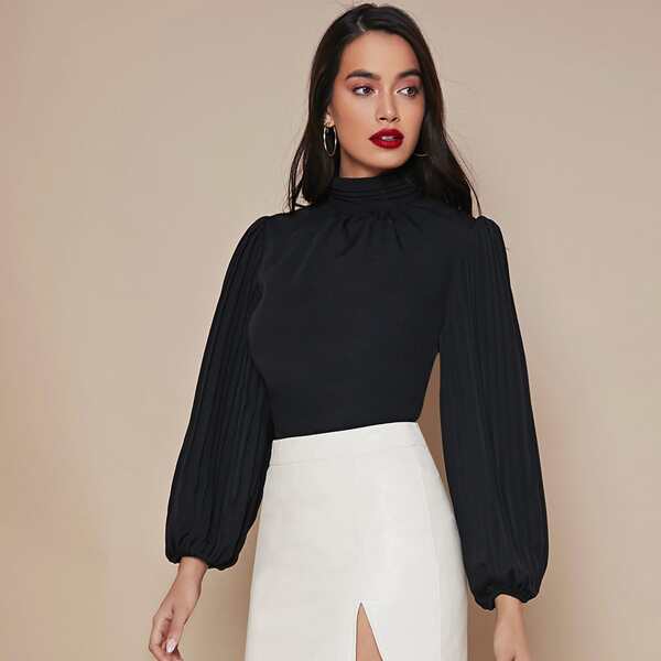

Mock-neck Pleated Lantern Sleeve Top, Black