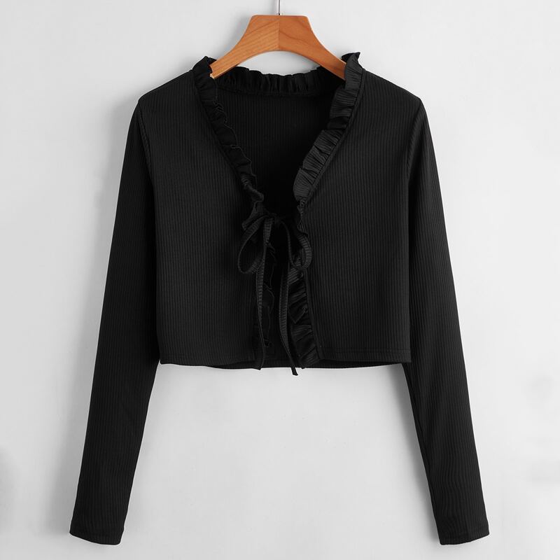 

Frill Trim Tie Front Top, Black