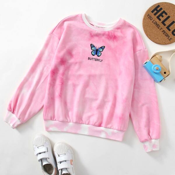 

Girls Butterfly and Letter Graphic Tie Dye Pullover, Pink