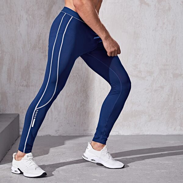 

Men Contrast Topstitching Sport Tights, Blue