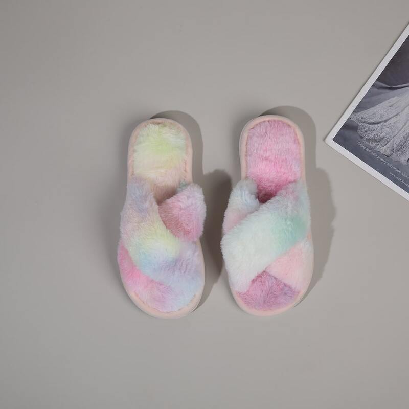 

Ombre Cross Strap Fluffy Slippers, Multicolor
