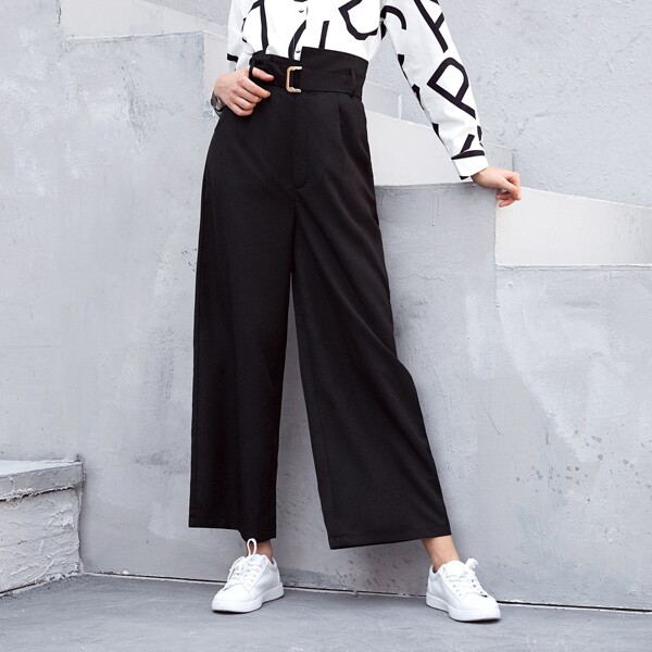 

Asymmetrical Waist Belted Wide Leg Pants, Black