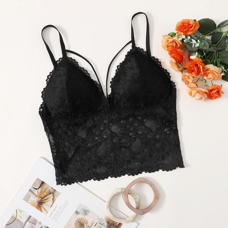 

Solid Lace Longline Bralette, Black