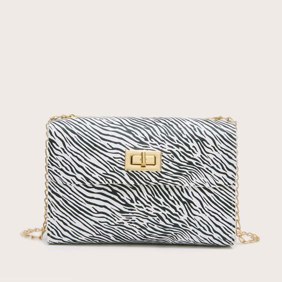 

Zebra Striped Chain Crossbody Bag, Black and white