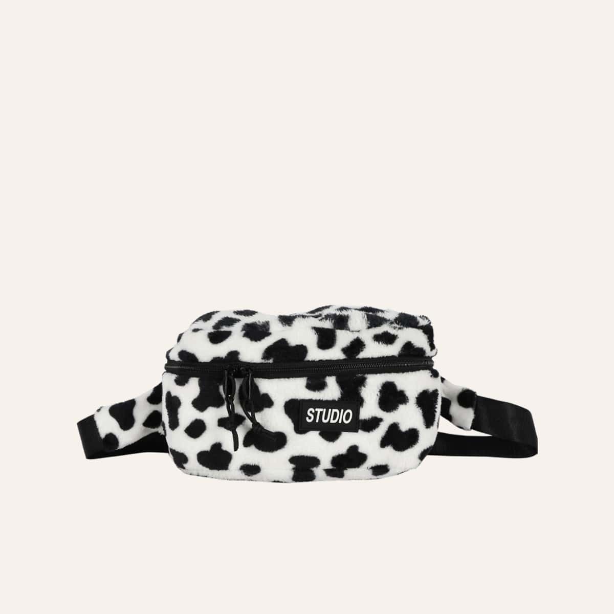 

Cow Print Fluffy Fanny Pack, Black and white
