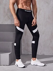 Manfinity Sport Corelite Boyfriend Style Men Slogan Graphic Contrast Panel Sport Tights - Black - View 3