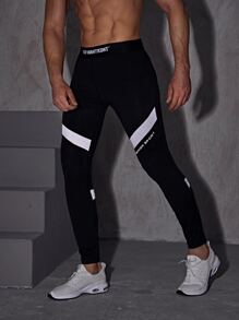 Manfinity Sport Corelite Boyfriend Style Men Slogan Graphic Contrast Panel Sport Tights - Black - View 4