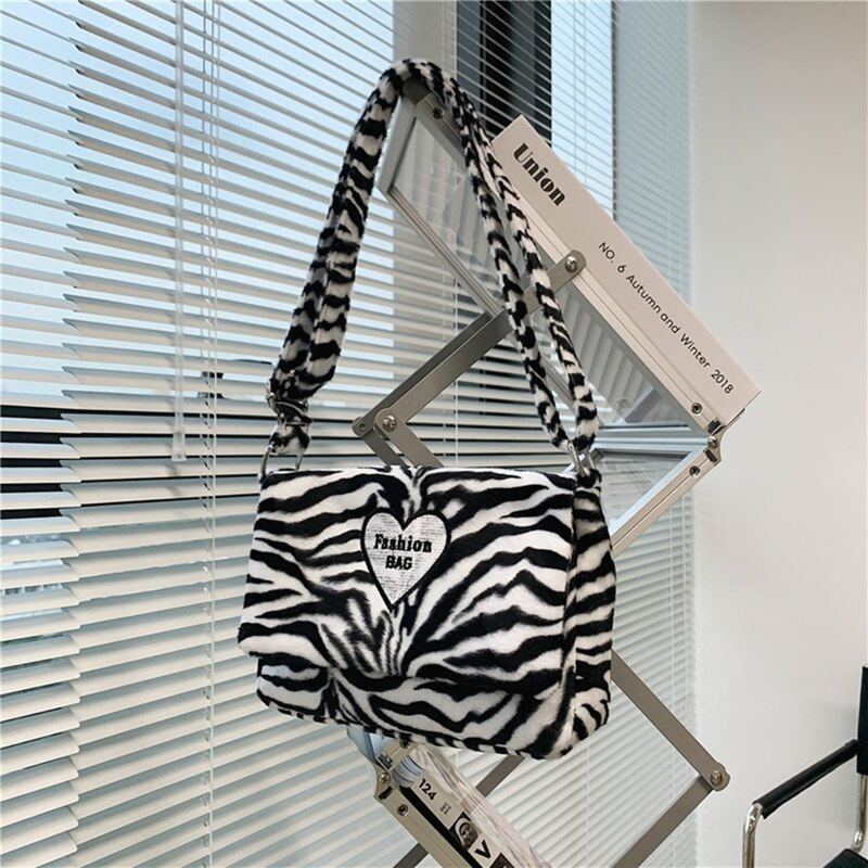 

Zebra Striped Fluffy Crossbody Bag, Black and white