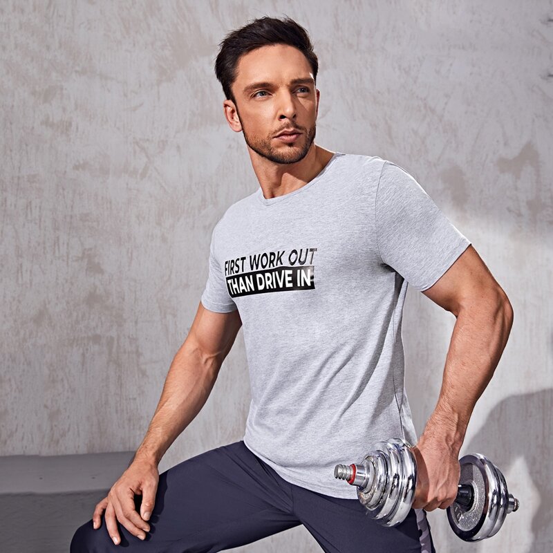 

Men Slogan Graphic Sports Tee, Light grey