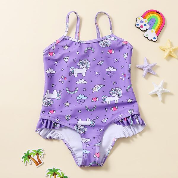 

Toddler Girls Unicorn & Rainbow Print One Piece Swimsuit, Purple