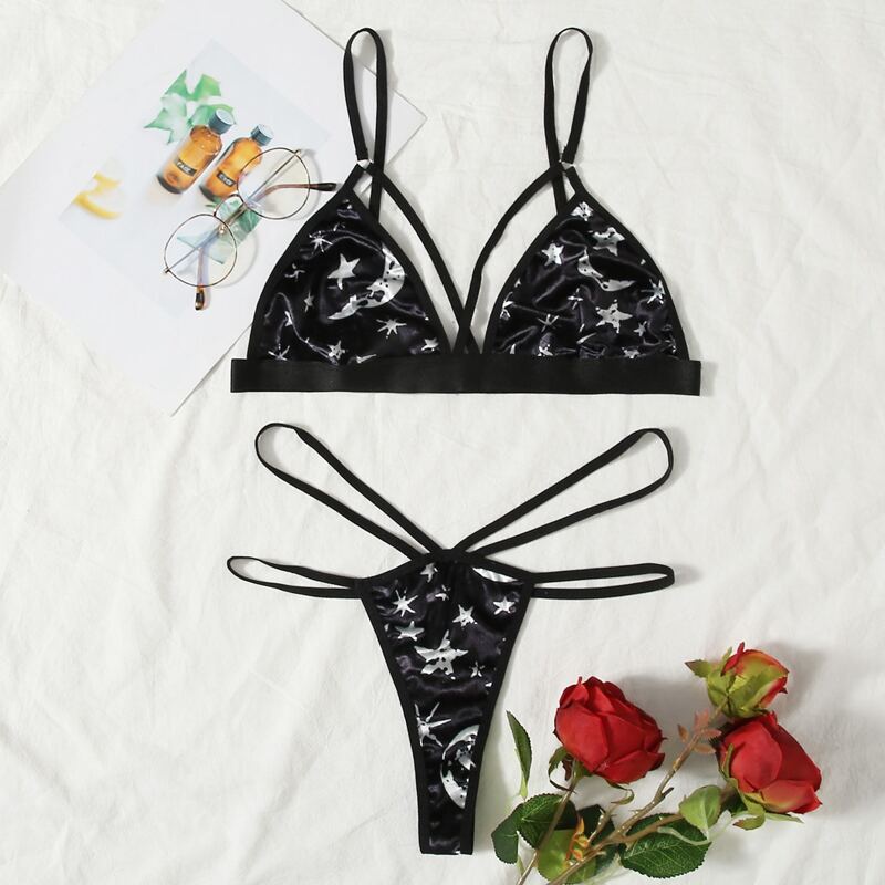 

Velvet Galaxy Print Lingerie Set, Black