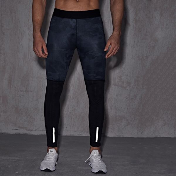 

Men Reflective Tape Camo Spliced Sport Tights, Multicolor