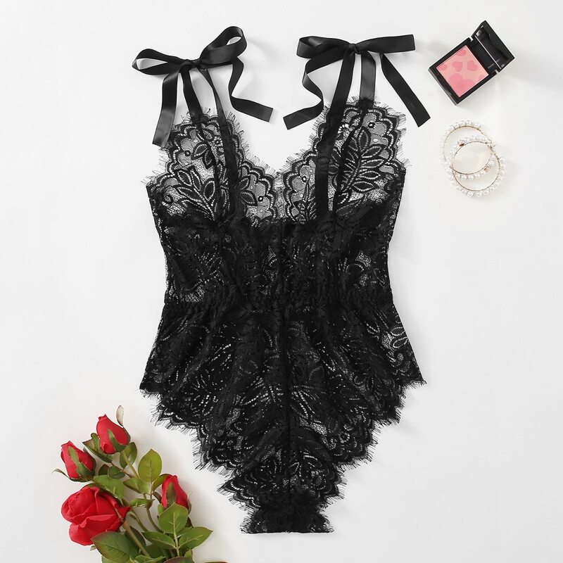 

Lace Eyelash Teddy Bodysuit, Black