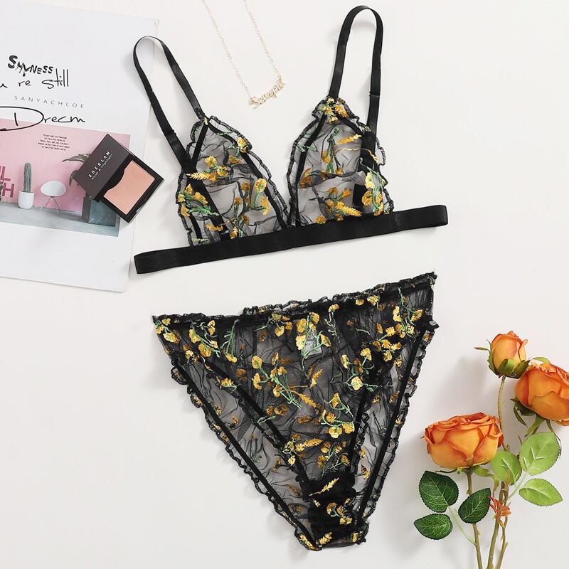 

Mesh Floral Frill Lingerie Set, Black
