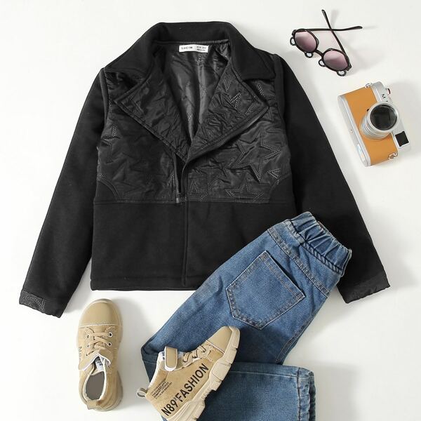

Boys Star Pattern Moto Jacket, Black