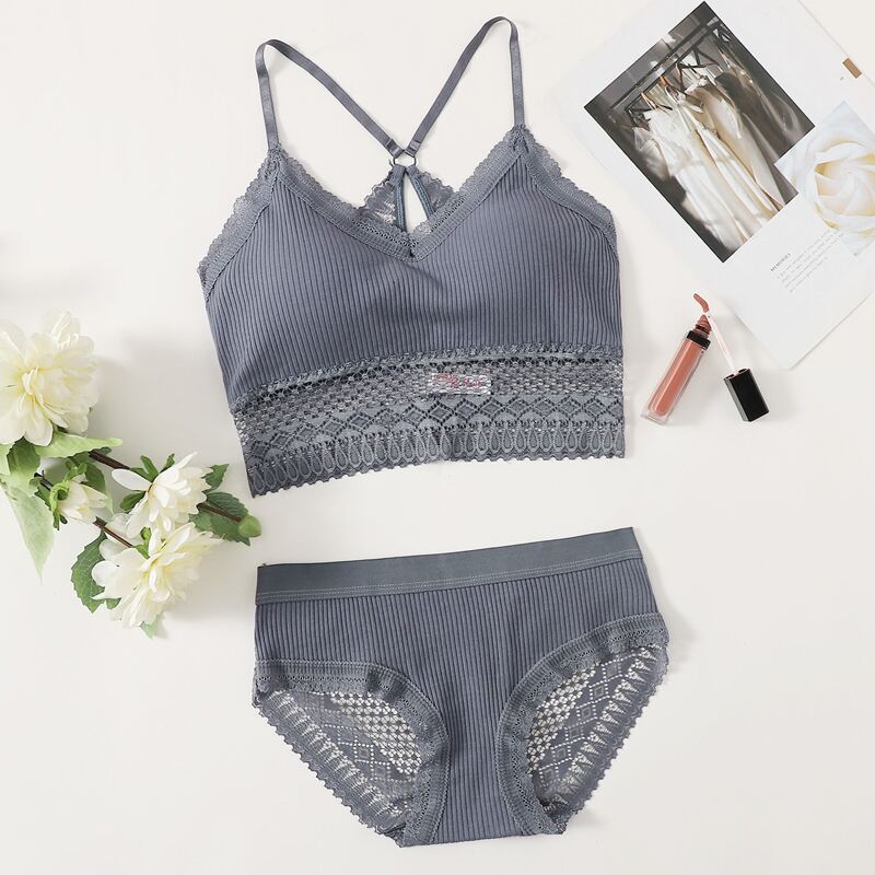 

Solid Lace Insert Lingerie Set, Dusty blue