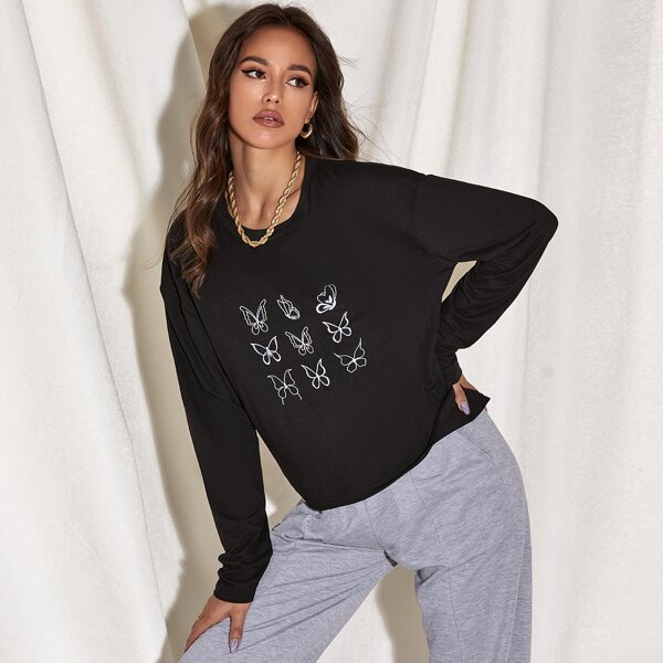 

Butterfly Print Drop Shoulder Tee, Black