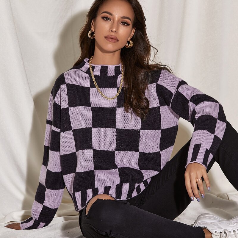 

Mock Neck Checkered Pattern Drop Shoulder Sweater, Multicolor