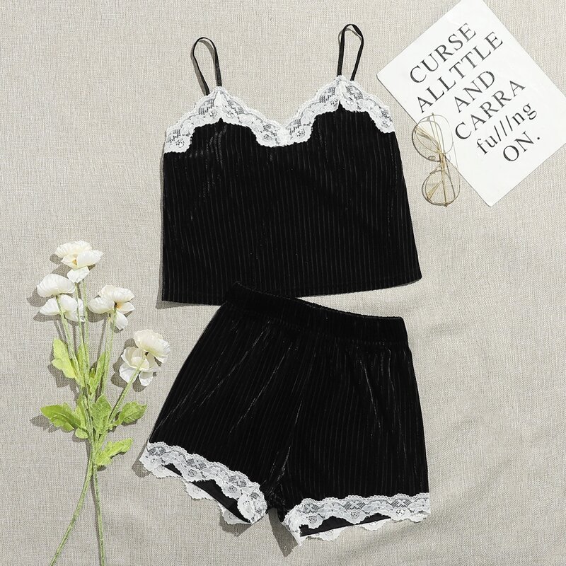 

Lace Trim Velvet Cami PJ Set, Black