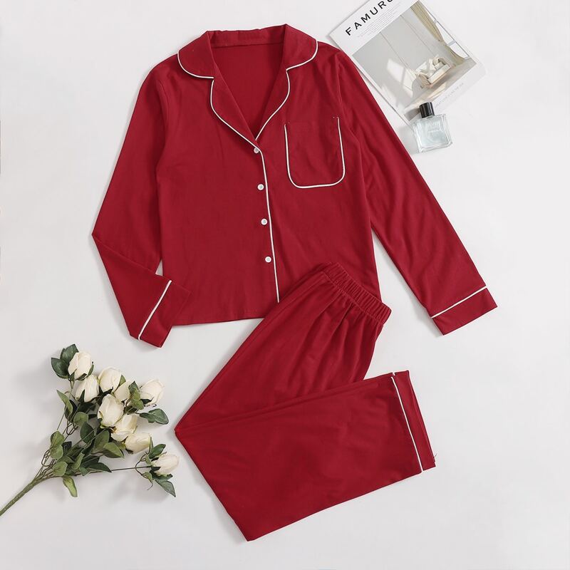 

Button Up Piping Trim PJ Set, Red