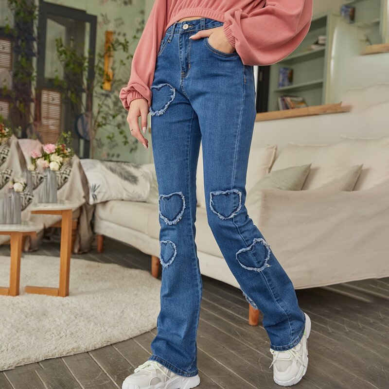 

Frayed Heart Detailing Flare Jeans, Medium wash