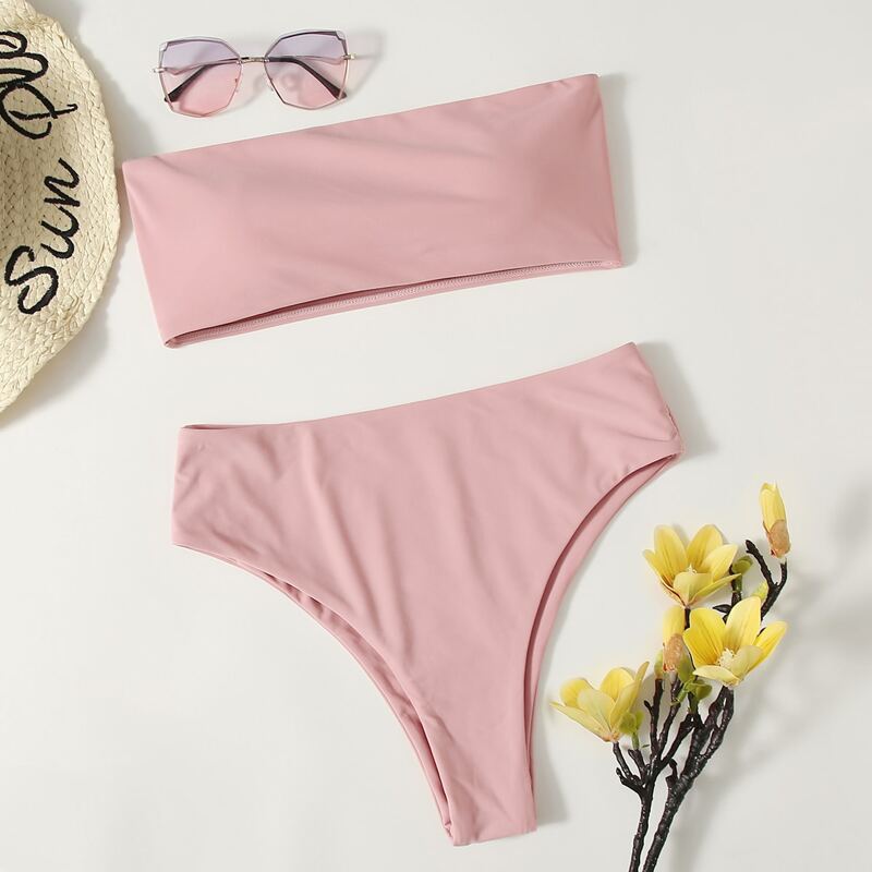 

Solid High Waist Bikini Swimsuit, Dusty pink