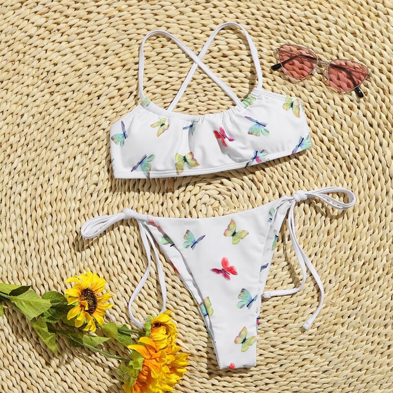 

Butterfly Print Tie Side Bikini Swimsuit, White