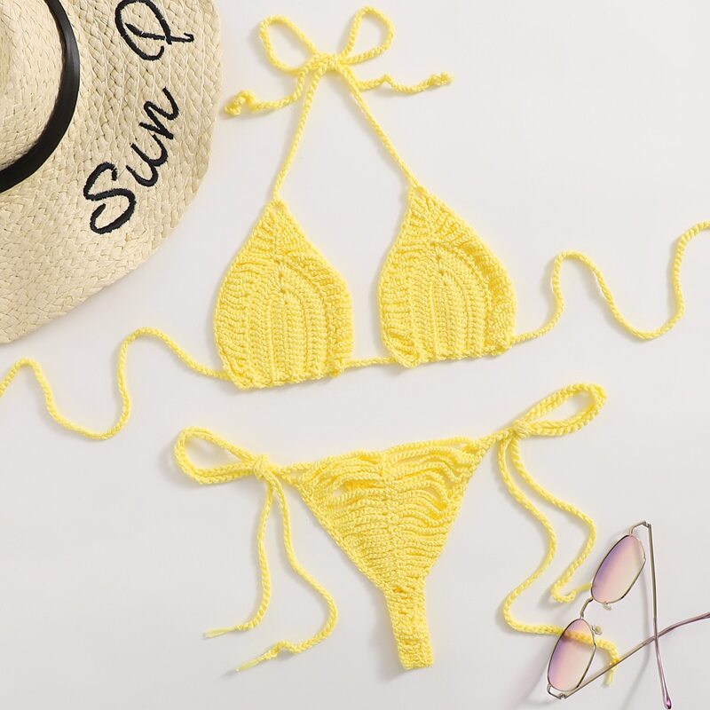 

Solid Crochet Tie Side Bikini Swimsuit, Yellow