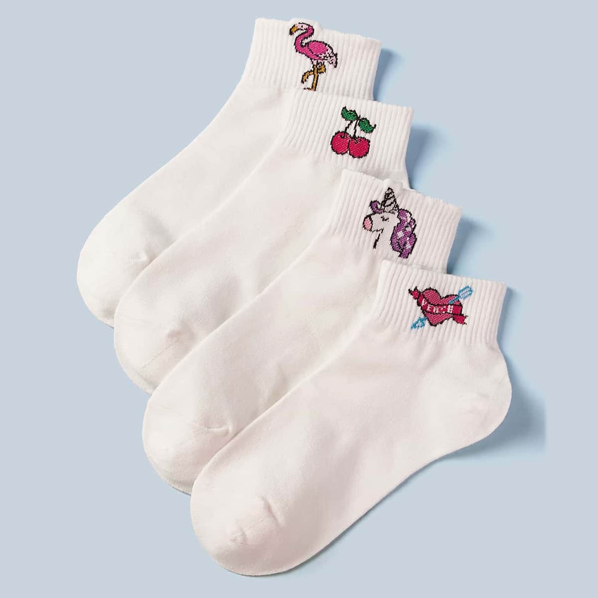 

4pairs Cartoon Ankle Socks, White