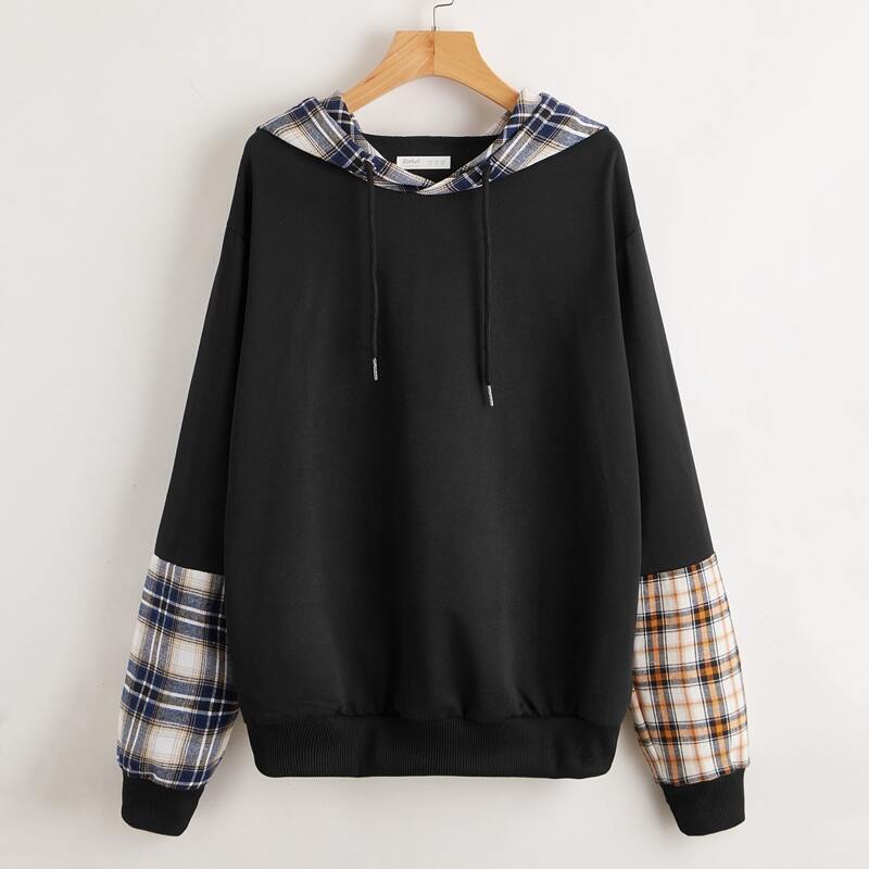 

Contrast Plaid Drawstring Hoodie, Multicolor