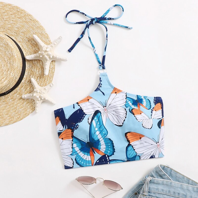 

Butterfly Print Halter Bikini Top, Multicolor