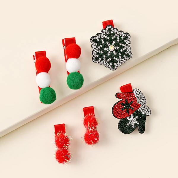 

6pcs Toddler Girls Christmas Pom Pom Decor Hair Clip, Multicolor