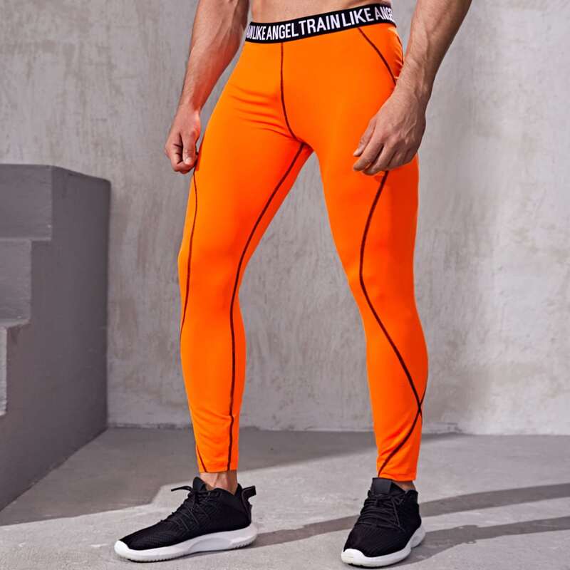 

Men Neon Orange Letter Graphic Yoga Leggings, Orange neon