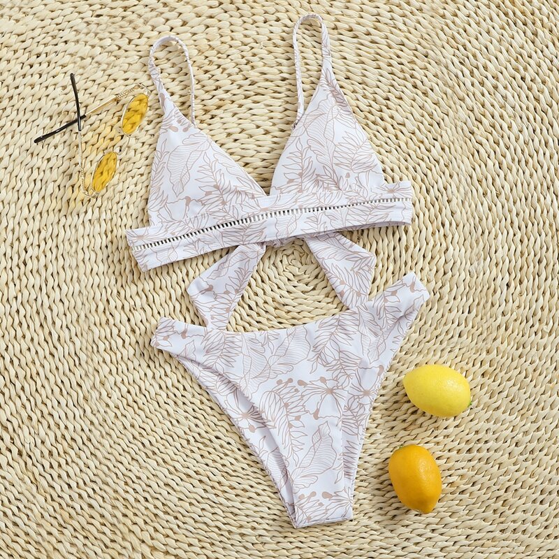 

Leaf Print Tie Back Bikini Swimsuit, Multicolor