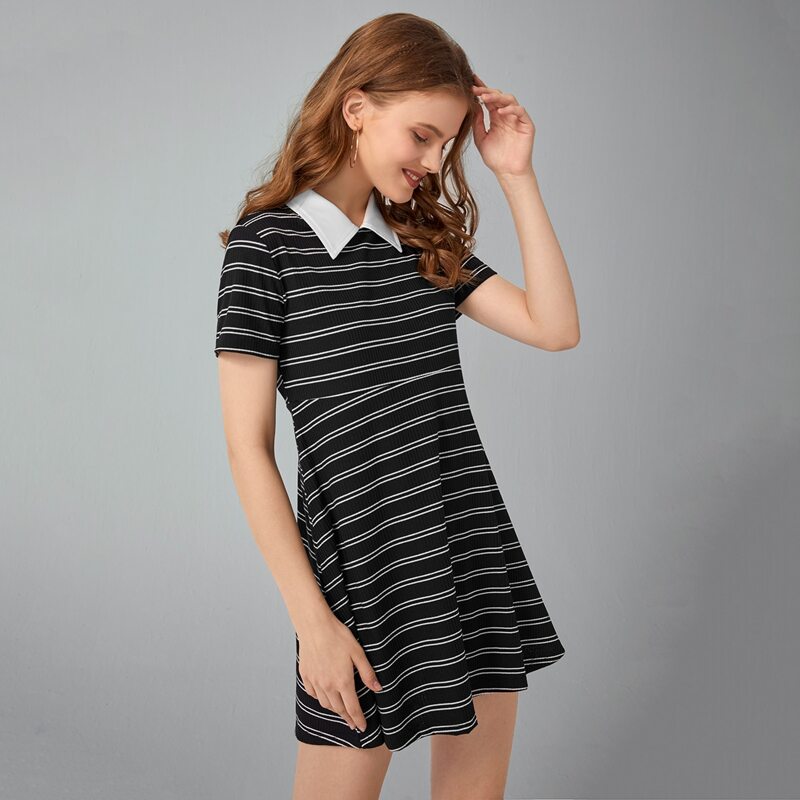 

Contrast Collar Striped Tee Dress, Black and white