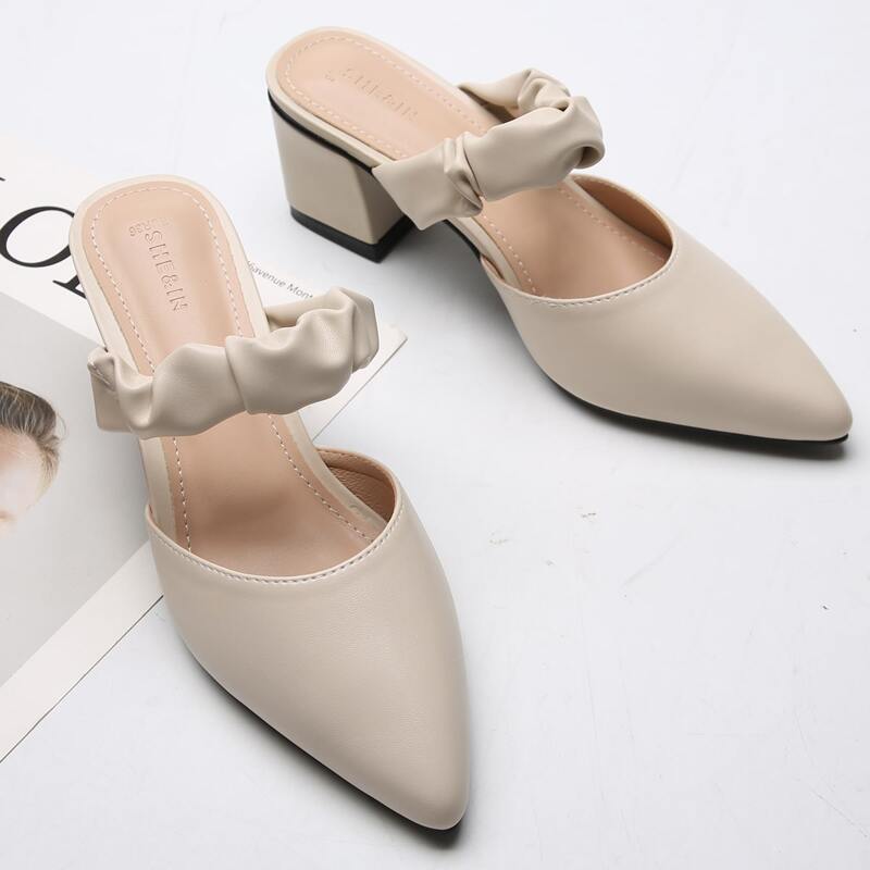 

Minimalist Ruched Chunky Heeled Mules, Beige