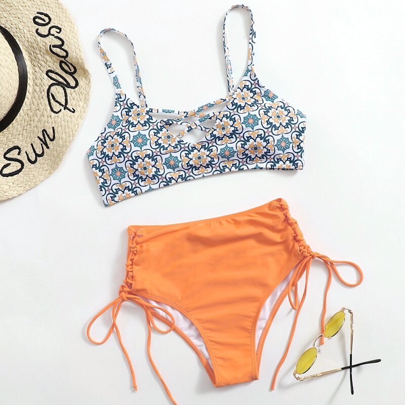 

Tribal Floral Tie Side Bikini Swimsuit, Multicolor