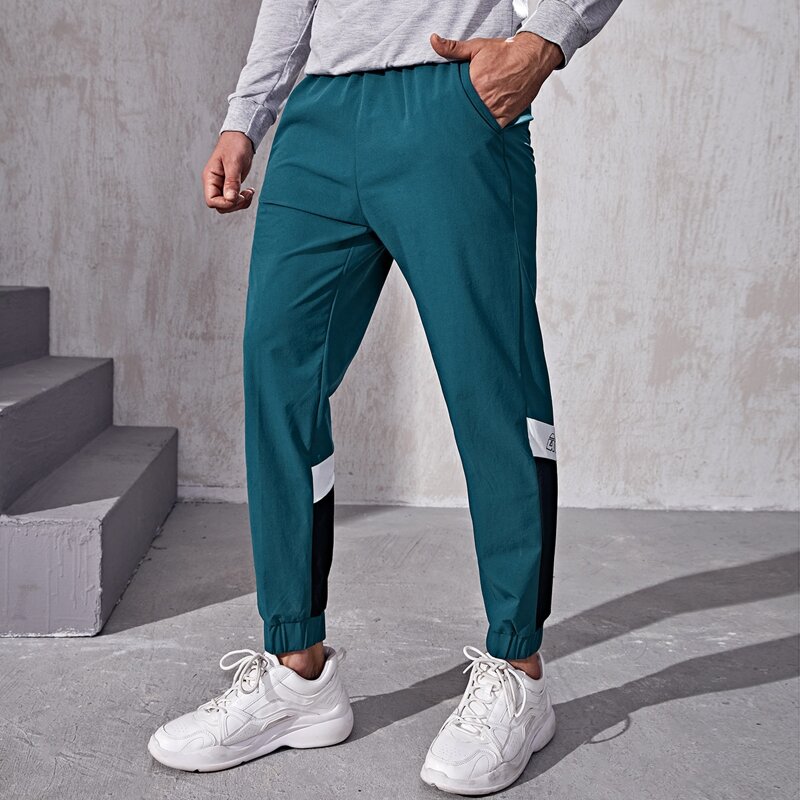 

Men Letter Graphic Colorblock Sport Pants, Teal blue