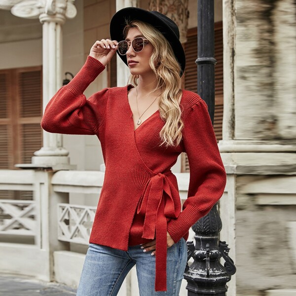 

Rib-Knit Tie Side Wrap Sweater, Red